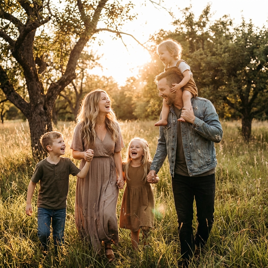 Séance photo famille lifestyle nature lumière dorée Gard